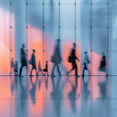Blurred silhouettes of business people walking in modern city building with warm glowing background reflections