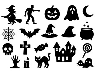 Halloween themed black and white images. Some of the images include a witch, a skeleton, a ghost, a pumpkin, a cat. Vector. Silhouette illustration.
