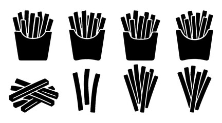 A series of black and white images of french fries. The images are all different sizes and shapes. Vector. Silhouette illustration.