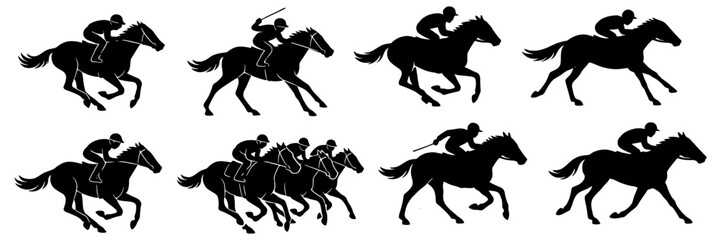 A series of horse racing images with a black and white color scheme. The horses are running at different speeds. Vector. Silhouette illustration.