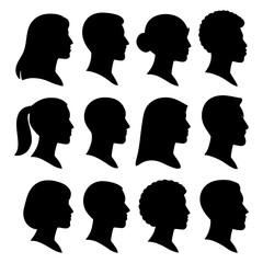 A series of silhouettes of people with different hair colors and styles. Scene is one of diversity and individuality. Vector. Silhouette illustration.