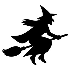 A witch is flying on a broomstick. The witch is wearing a black dress and a black hat. Vector. Silhouette illustration.