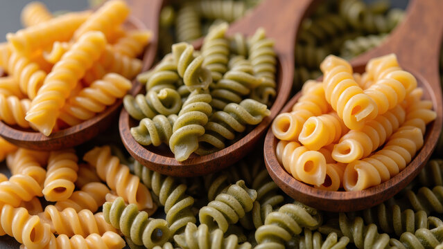Colorful pasta varieties in wooden spoons create vibrant and appetizing display, showcasing delightful textures and shapes of noodles - Powered by Adobe