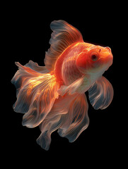 Elegant goldfish with flowing translucent fins swimming gracefully on dark background