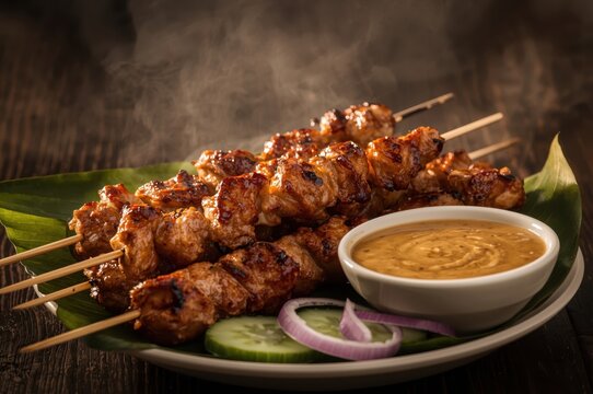 Charred chicken satay skewers with peanut sauce, cucumber, and onion