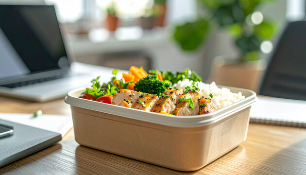 Zdrowy lunchbox z kurczakiem ryżem i warzywami - obiad w pracy