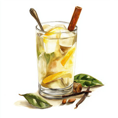 Refreshing lemon drink with ice cubes in glass decorated with vanilla sticks and green leaves on white background