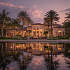 Luxury villa with swimming pool at sunset reflecting warm lights and tropical evening atmosphere