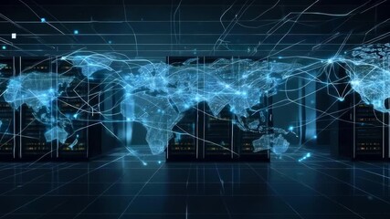 Futuristic data center showcasing a global network map with glowing connections and servers - Powered by Adobe