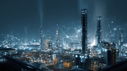 Fototapeta premium Modern factory, communication network. Telecommunication. IoT, Internet of Things, ICT, Information communication Technology,. Smart factory. Digital transformation, cloud connecting, generate by AI