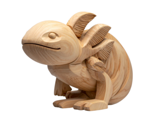 Minimalist Geometric Wooden Axolotl Sculpture with Smooth Light Wood, Front View, Isolated on Transparent Background