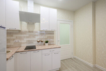 modern, bright kitchen with white cabinets, a neutral backsplash, and light wood flooring. A glass door stands adjacent to the cabinets, enhancing the room's openness