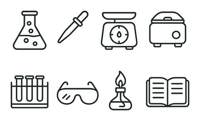 Science lab equipment icons set featuring beaker, pipette, goggles, and more