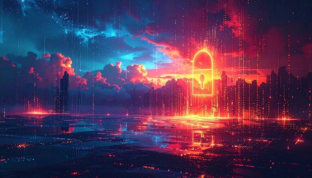 Neon cityscape with a digital lock