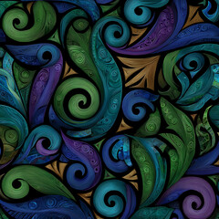 Abstract ornamental pattern with swirling blue and green elements and intricate decorative details