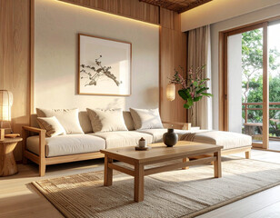 Fototapeta premium Modern minimalist living room urban apartment interior design cozy environment natural light aesthetic serenity