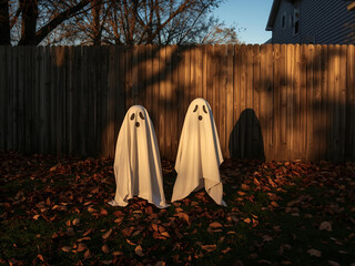 Two kids in DIY sheet ghost costumes, backyard fence, fallen autumn leaves, warm evening light.