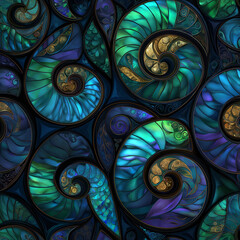 Abstract ornamental pattern with swirling blue and green elements and intricate decorative details