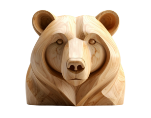 Minimalist Geometric Wooden Bear Sculpture with Smooth Curves, Front View, Isolated on Transparent Background