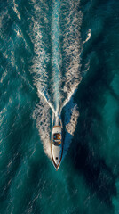 Aerial view of luxury yacht sailing on turquoise tropical ocean water leaving white wake trail
