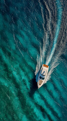 Aerial view of luxury yacht sailing on turquoise tropical ocean water leaving white wake trail