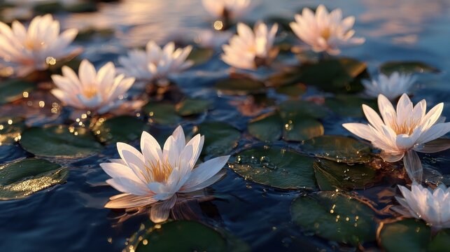 White water lilies float serenely on calm water, backlit by a warm sunset Ultra high quality, smooth details, soft lighting,glowing light realistic textures, 8K resolution
