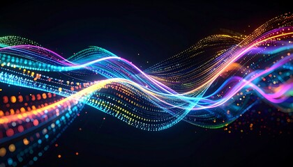 Abstract digital art depicts flowing, luminous strands of color and light on a dark backdrop, creating dynamic curves