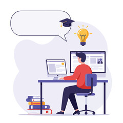 A 2D vector illustration features a student learning at a desk, a computer displaying educational content, with an idea lightbulb above, books and an empty speech bubble.
