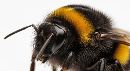 Close-up view of bumblebee with yellow and black fur on white surface.