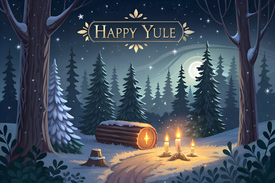 Celebrate Yule with glowing candles, snowy forests, and moonlit magic—honoring winter solstice traditions, warmth, and spiritual renewal under starry skies. generative ai