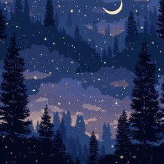 Night forest landscape illustration with crescent moon shining over pine trees and starry sky