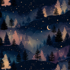 Naklejka premium Night forest landscape illustration with crescent moon shining over pine trees and starry sky