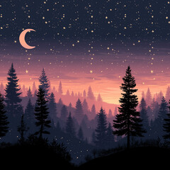 Night forest landscape illustration with crescent moon shining over pine trees and starry sky