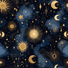 Mystical celestial pattern with golden suns moons and stars on deep blue cosmic background illustration