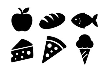 Food icons: diverse meal and snack silhouettes in solid graphic style
