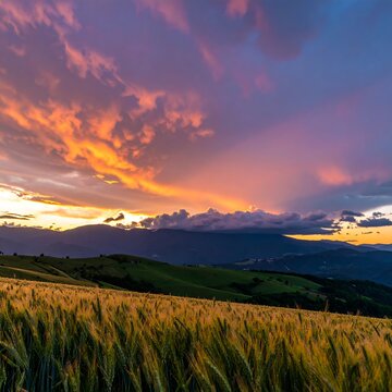 Golden wheat field at sunset, vibrant clouds over rolling hills