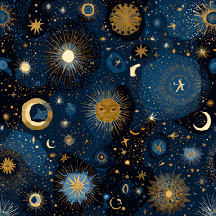 Mystical celestial pattern with golden suns moons and stars on deep blue cosmic background illustration