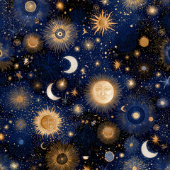 Mystical celestial pattern with golden suns moons and stars on deep blue cosmic background illustration