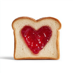 Slice of toast bread with red jam heart shape symbolizing love and breakfast concept on white background