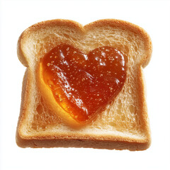 Slice of toast bread with red jam heart shape symbolizing love and breakfast concept on white background