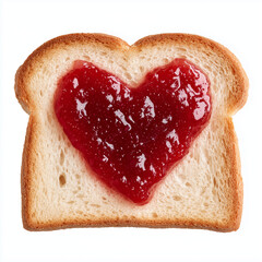 Slice of toast bread with red jam heart shape symbolizing love and breakfast concept on white background