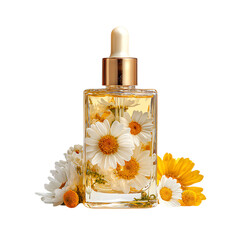 A golden serum bottle with chamomile flowers png