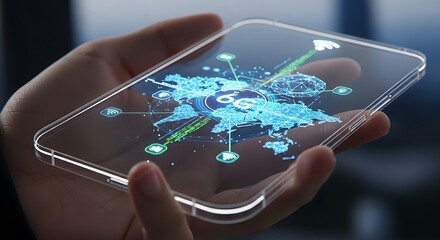 Hand Holding Transparent Smartphone Displaying Global 6G Network