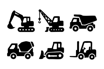 Naklejka premium Construction icons in black silhouette style: excavator, crane, dump truck, cement mixer, bulldozer, and forklift.