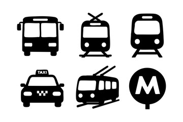 Transport icons in black silhouette style: bus, tram, subway, taxi, trolleybus, and metro sign.