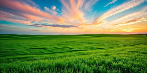 Obraz premium Nine lush green meadows stretching to the horizon under a vibrant sky, royalty-free, meadow