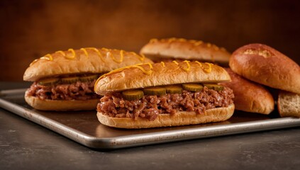 Cuban sandwiches with pickles and mustard on worn metal counter surface