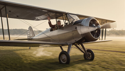 1920 mail airplane lands on misty green airfield at dawn