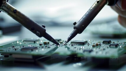 Close-up view of a technician soldering components onto a circuit board. - Powered by Adobe