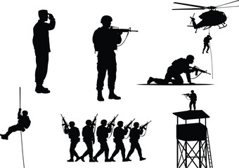Military silhouette vector, soldier saluting, rifle aiming, helicopter rappel, tactical squad, watchtower guard, army patrol, combat training, defense illustration, black and white © Farzana